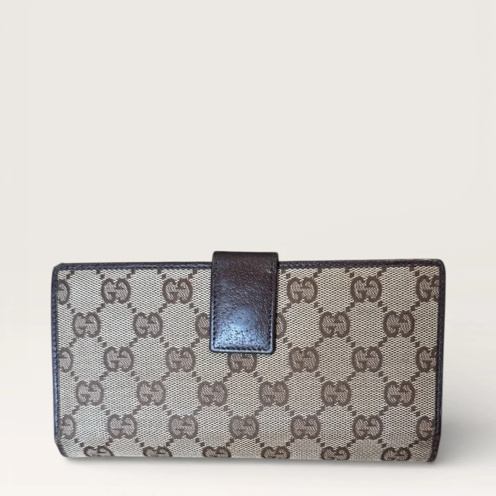 Gucci GG Canvas Continental Long Wallet Beige Brown Leather Trim Snap Closure - Picture 2 of 8